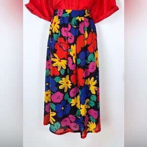Anne Klein Vibrant Floral Maxi 1980s vintage bold Floral sheer mid skirt